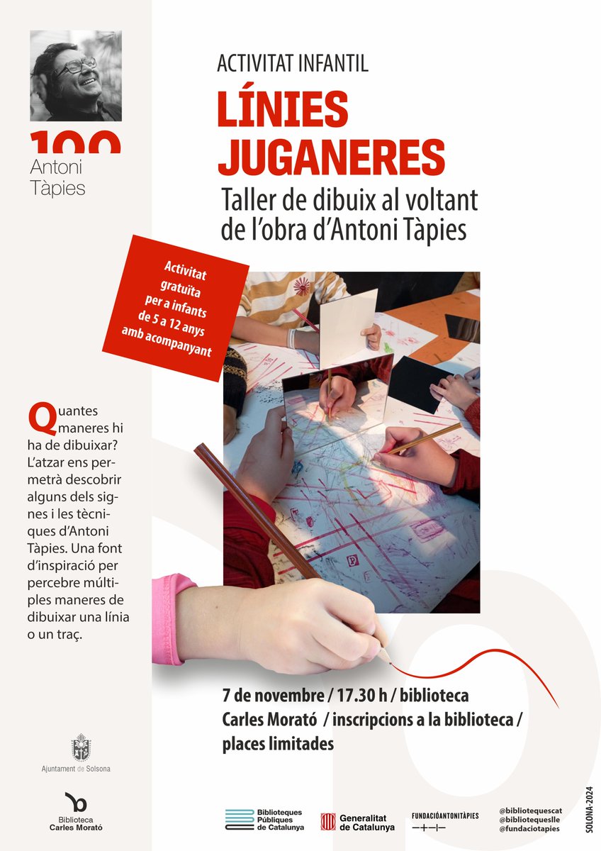 Solsona_cat's tweet photo. El novembre la @bibliosolsona s’afegeix a l’#AnyTàpies: arriba una mostra sobre l'obra d'Antoni Tàpies i la seva concepció artística a partir del seu vincle amb el món de la paraula, i un taller infantil, el 7/11, de dibuix experimental.  

ℹ️ https://t.co/ovGDt4VOwH 
#Solsona https://t.co/mlAuDdYFlE