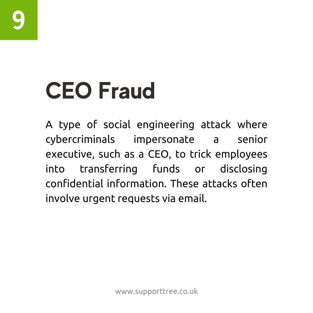 supporttree's tweet photo. CEO Fraud

A type of social engineering attack where cybercriminals impersonate a senior executive, such as a CEO, to trick employees into transferring funds or disclosing confidential information. These attacks often involve urgent requests via email. https://t.co/6bOG0N1ILp