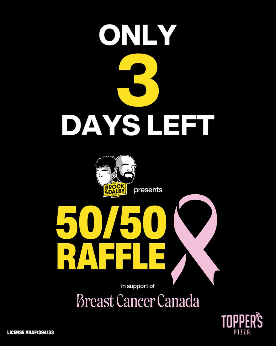 Only THREE days left to purchase your tickets for The Brock &amp; Dalby Show presents: 50/50 raffle in support of <a href="/BreastCancerCDN/">Breast Cancer Canada</a> 

The jackpot is currently at $152,410 - winner takes HALF! 🤑 

BUY HERE: txgv.cc/t/CRDogl

Brought to you by <a href="/topperscanada/">Topper's Pizza Canada</a>
