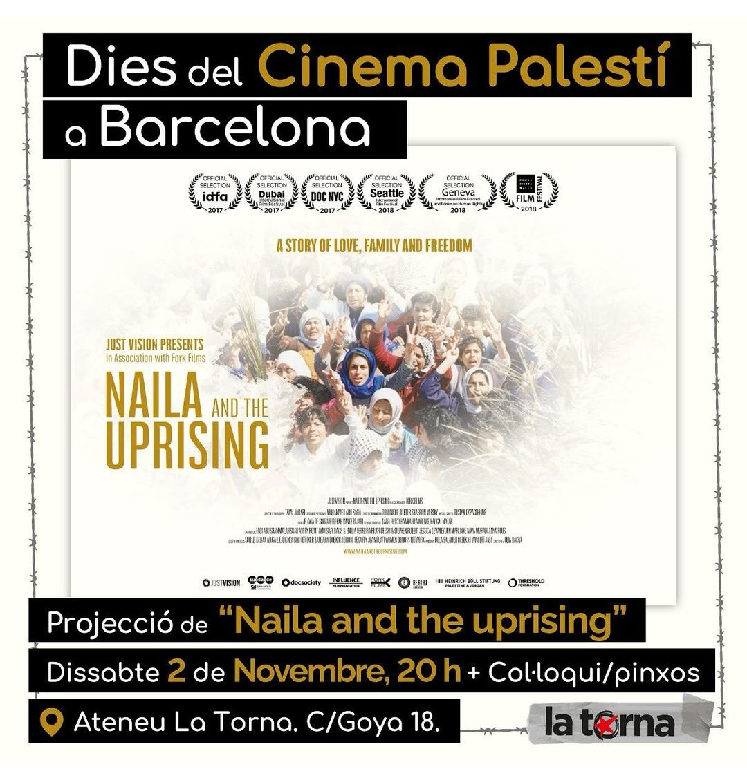 En l'ombrívol aniversari de la Declaració de Balfour i en un esforç per amplificar les veus palestines, projectarem la pel•lícula "Naila and the uprising" dirigida per Julia Bacha.

🗓️ Dissabte 2 de novembre
🕗 20h
📍Ateneu La Torna (c/ Goya 18 - Gràcia)

🇵🇸 #FreePalestine 🇵🇸