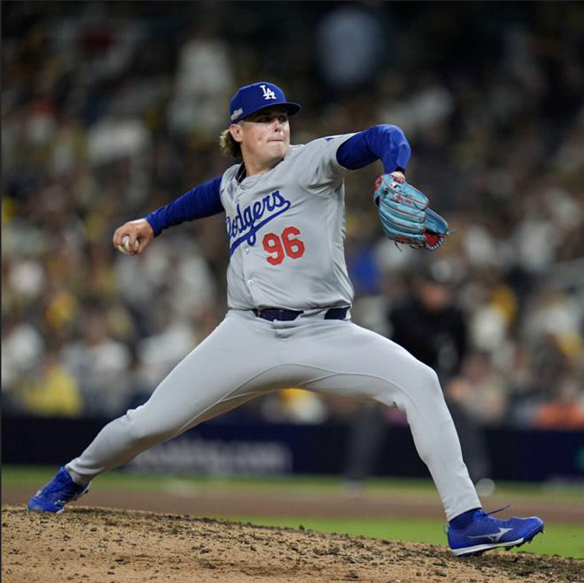 Landon Knack pitching in a Dodgers uniform.