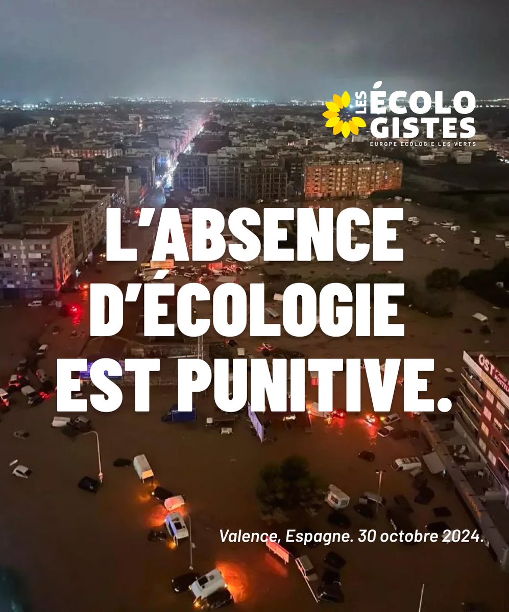 L'absence d'écologie est punitive.

Les pluies torrentielles qui frappent le sud et l’est de l’Espagne sont l'un des visages des ravages du dérèglement climatique.

Nos pensées aux victimes, à leurs proches et à tous les sinistré•es.