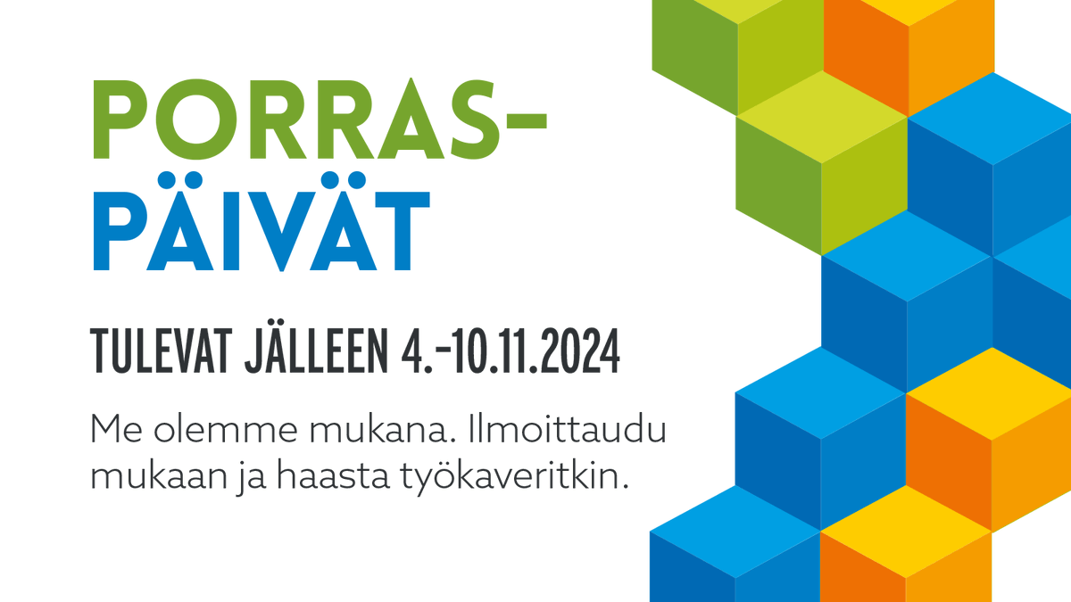 Koko firma liikkeelle Porraspäivillä! 🏃‍♀️🏃‍♂️

Haluamme kannustaa työyhteisöjä aktiivisemmaksi arjessa ja ensi viikolla on siihen jälleen loistava tilaisuus. Valitkaa portaat hissin sijaan ja osallistukaa yhdessä haasteeseen, joka lisää energiaa työpäivään! ⚡️⚡️⚡️

#Porraspäivät