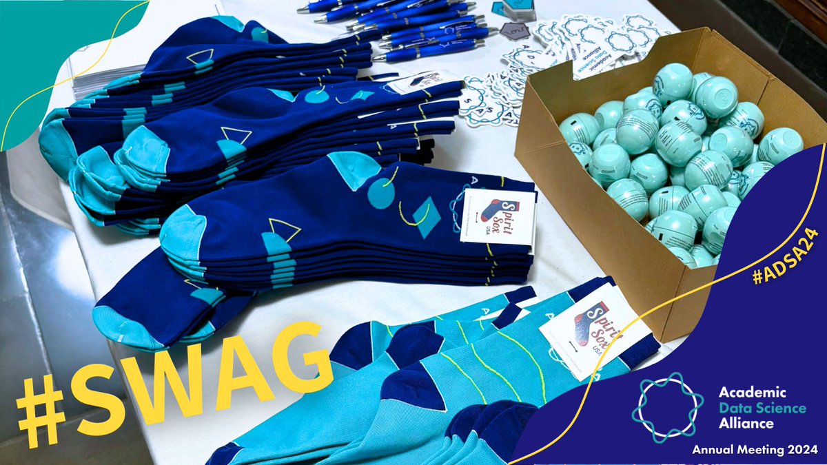 AcademicDataSci's tweet image. Day 2 of #ADSA24 is kicking off with style! 💁 Have you seen the swag yet? 👀 Wait…are those fancy socks I spot? 🧦😆 #ConferenceStyle #datascience