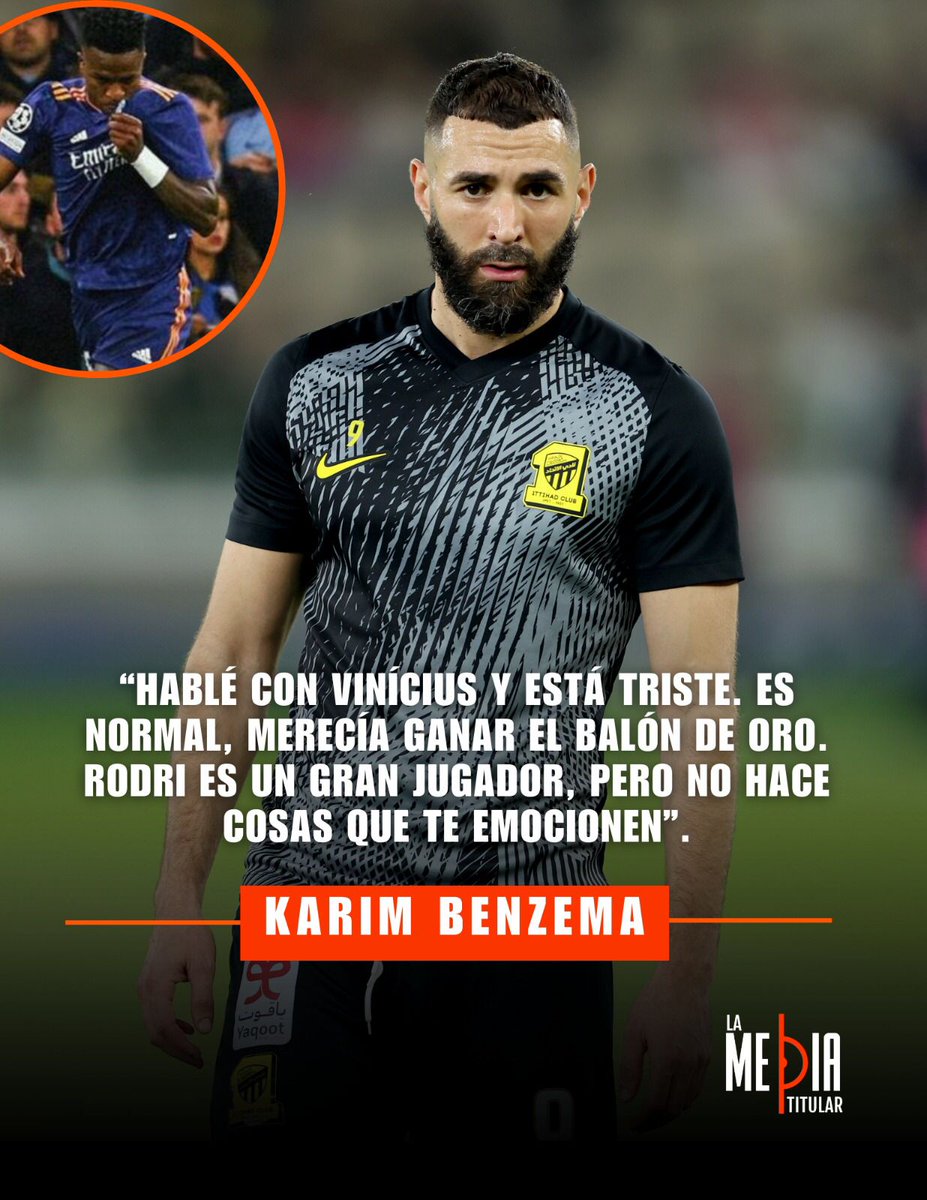 Lamediatitular's tweet photo. ¡HABLÓ CON VINI!

🗣 Las palabras de Benzema para El Chiringuito sobre las horas posteriores de Vini tras el Balón de Oro 2024.

👉 Se espera que Vinícius sea titular este sábado ante el Valencia, pero el partido es duda por el DANA.

#Benzema #ViniciusJr #BalondeOro #BallonDOR https://t.co/sqdn804CFa