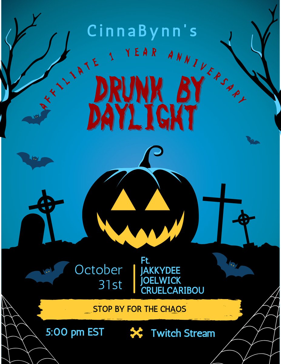 CinnaBynnTTV's tweet image. MY 1 YEAR AFFILIATE ANNIVERSARY IS TOMORROW!!! If you want to stop in i would appreciate it. It's going to be my first time doing a drunk by daylight stream so it it going to be chaotic 😂😂 #twitchlivestream #TwitchAffilate
#drunkbydaylight #DeadbyDaylight