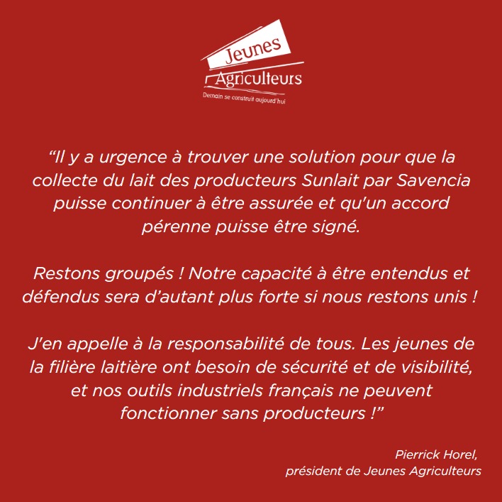 À la veille de l'expiration de l'accord entre #Sunlait et #Savencia, je veux rappeler tout notre soutien aux producteurs qui sont dans l'incertitude depuis trop longtemps. Un accord juste pour les éleveurs doit être trouvé !

<a href="/JABretagne/">JA Bretagne</a> <a href="/JA_Normandie/">📣 JA Normandie</a> <a href="/JApaysdelaloire/">Jeunes Agriculteurs Pays de la Loire (JA PdL)</a>