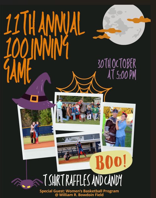 BC_Baseball's tweet photo. Start your Halloween festivities a day early tonight at William R. Bowdoin Field! Tonight marks our 11th annual 100 inning game, come on out for T-shirts and candy! https://t.co/XfxlzPeuJY