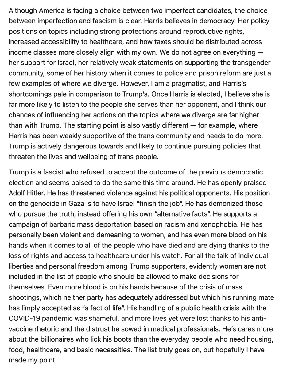 A commenter at Citation Needed suggested I have not adequately explained why I support Kamala Harris, and why I believe it is absolutely critical that everyone who can vote comes out to vote for her. In case I have indeed not been clear, here is my response.

PLEASE vote.