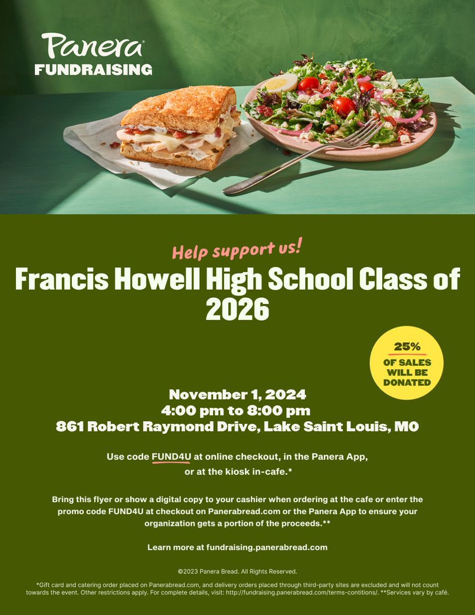 Take a night off from cooking and support the Class of 2026 grad night by dining at Panera in lake St Louis this Friday! We get 25% of sales!