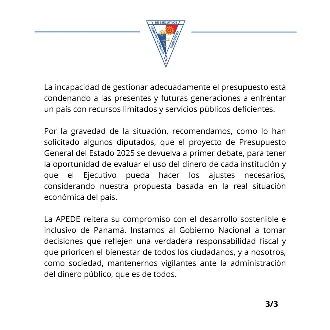 #ComunicadoAlPaís. Pronunciamiento de la APEDE sobre la discusión del Presupuesto General del Estado 2025 

#APEDE
#ElOrgulloDePertenecer