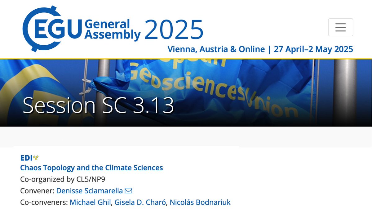 Denisse Sciamarella (@dsciamarella) on Twitter photo We’re proposing a short course at #EGU25 on recent advances in #ChaosTopology & #ClimateScience in session SC3.13. We look forward to your participation!
<a href="/ifaeci/">IFAECI</a> <a href="/EuroGeosciences/">European Geosciences Union</a> <a href="/EGU_NPG/">Nonlinear Processes in Geophysics</a> <a href="/CIMA_Science/">Centro de Investigaciones del Mar y la Atmósfera</a> <a href="/Exactas_UBA/">Exactas UBA</a> <a href="/LSCE_IPSL/">LSCE IPSL</a> <a href="/ird_fr/">IRD.fr</a> <a href="/CNRS_INSU/">CNRS Terre & Univers</a> We’re proposing a short course at #EGU25 on recent advances in #ChaosTopology & #ClimateScience in session SC3.13. We look forward to your participation!
<a href="/ifaeci/">IFAECI</a> <a href="/EuroGeosciences/">European Geosciences Union</a> <a href="/EGU_NPG/">Nonlinear Processes in Geophysics</a> <a href="/CIMA_Science/">Centro de Investigaciones del Mar y la Atmósfera</a> <a href="/Exactas_UBA/">Exactas UBA</a> <a href="/LSCE_IPSL/">LSCE IPSL</a> <a href="/ird_fr/">IRD.fr</a> <a href="/CNRS_INSU/">CNRS Terre & Univers</a>