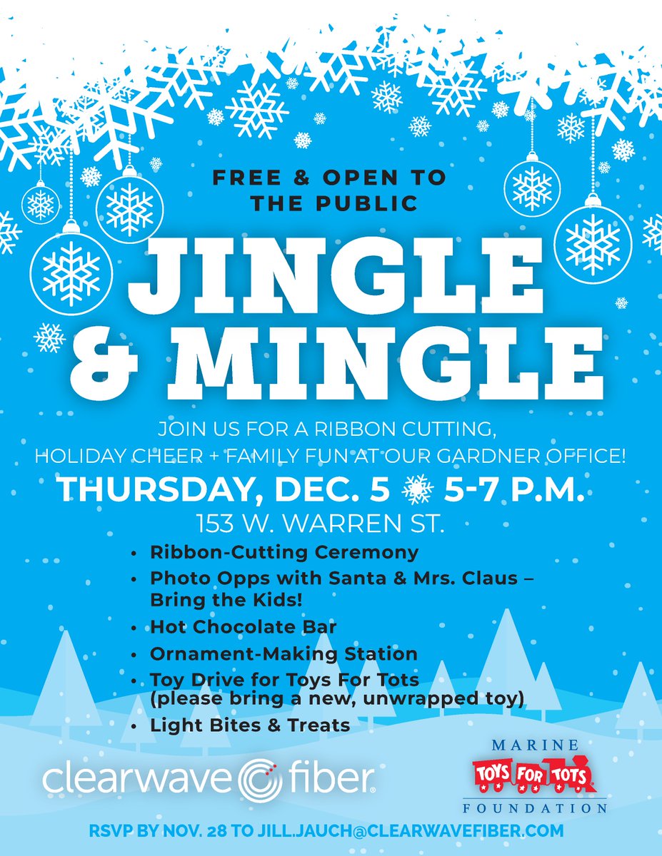 Join <a href="/Clearwave/">Jeremy Stephens</a> Fiber, the City of Gardner and the Gardner Chamber of Commerce as we cut the ribbon on our new office from 5-7 p.m. on Thursday, Dec. 5. 
Photo Opps with Santa &amp; Mrs. Claus – Bring the Kids!
RSVP by Nov. 28 to jill.jauch@clearwavefiber.com