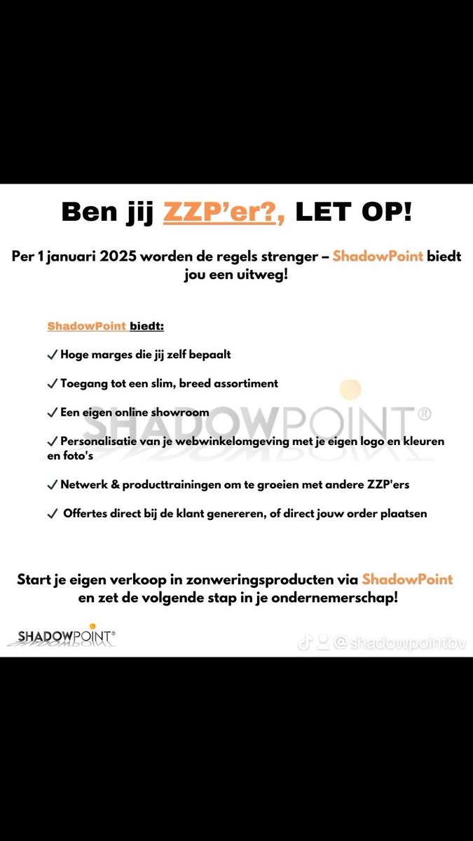 Kijk op: shadowpoint.nl ☀️

#zonwering #zzp #innovatie #B2B 
#comfort #samenwerking #zelfstandige #geldverdienen #ondernemen #shadowpoint #eigenmargebepalen #ondersteuning #platform #uniek #dealerschap #ruimassortiment