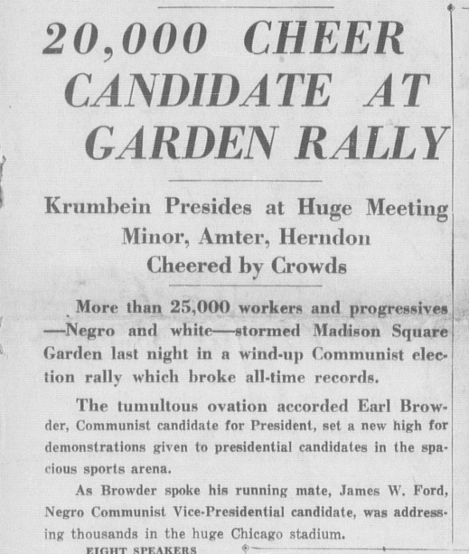 MelissaFordPhD's tweet photo. On Nov. 2, 1936, 20,000+ packed Madison Square Garden to rally for the #CPUSA and campaign against fascism and lynching. They promoted a farmer-labor liaison, a united socialist movement, and a people's front. From #DailyWorker #Communism #AmericanCommunism https://t.co/clXFyJJlmV