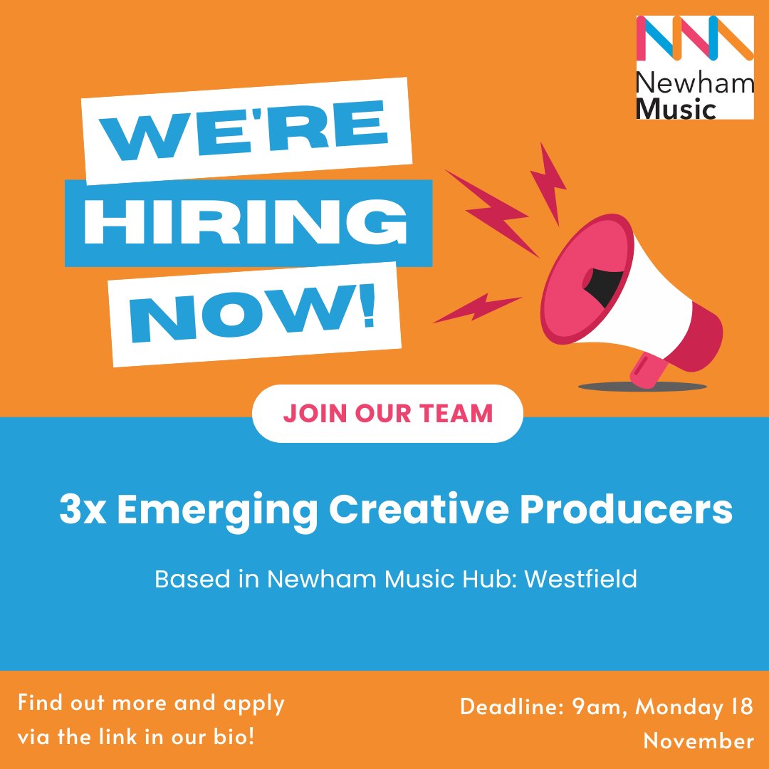 We're hiring three Emerging Creative Producers to work at Newham Music Hub <a href="/westfieldstrat/">Westfield Stratford City</a>. 

We're seeking ambitious emerging creative professionals taking the first steps into event management, project delivery &amp; content creation.

newham-music.org.uk/work-with-us

#ArtsJobs #MusicJobs