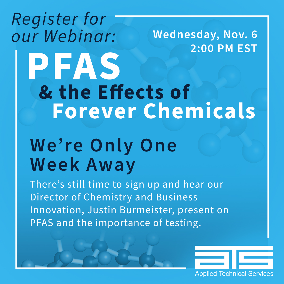 atsinspections's tweet image. Our webinar, PFAS &amp;amp; the Effects of Forever Chemicals, goes live next week! Attend the event on Wednesday, November 6, at 2:00 PM EST, to hear about the widespread presence and impact of PFAS: bit.ly/PFAS-efc 

#ATS #PFAStesting #PFAS #LabTesting #ForeverChemicals