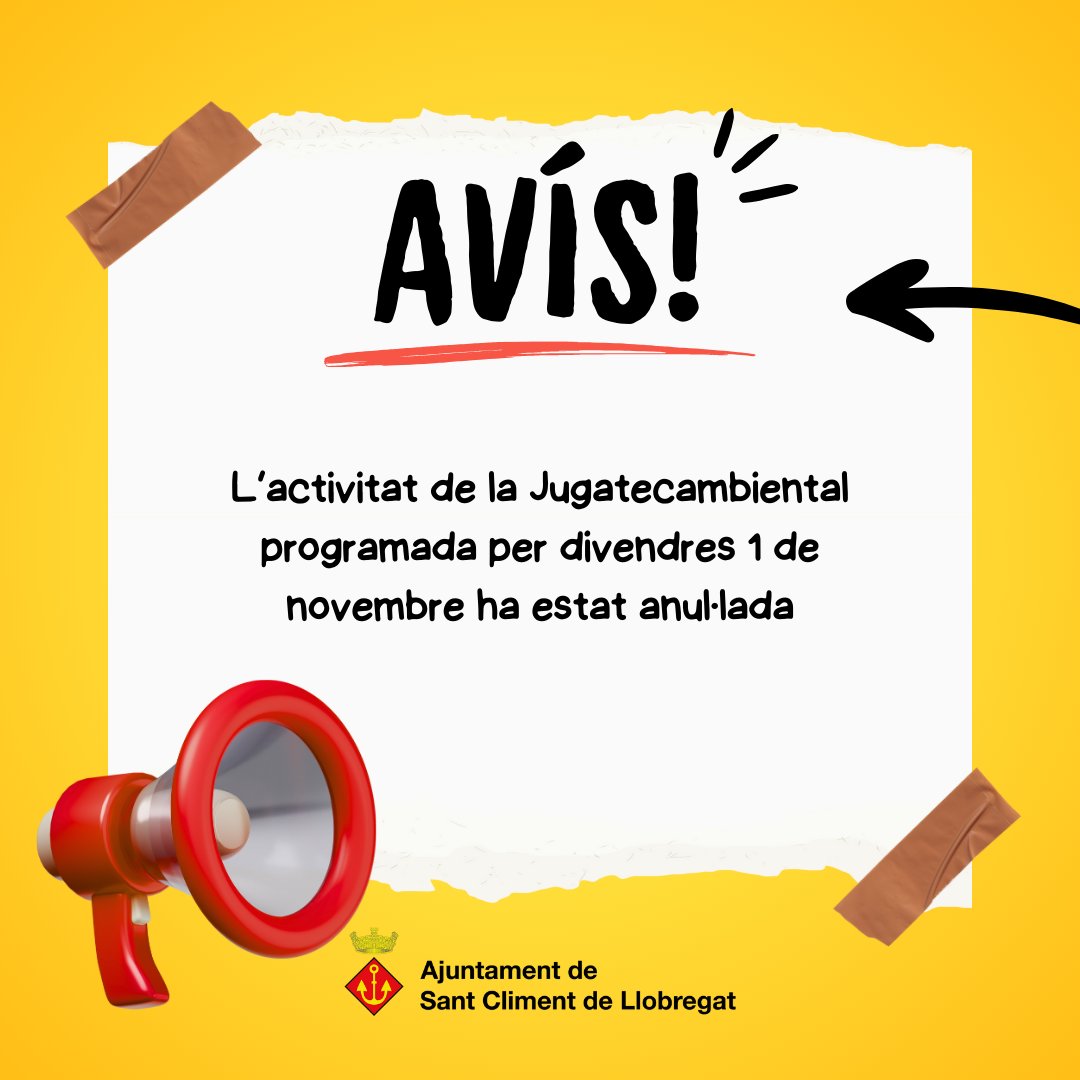 santcliment's tweet photo. ❗ L'activitat de la Jugatecambiental que havia de tenir lloc aquest divendres 1 de novembre ha quedat anul·lada.

🗓️ La proposta es reprogramarà i més endavant informarem de la nova data. https://t.co/AizL0hIX5I