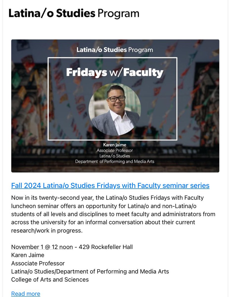 Latina/o Studies at Cornell University (@latina_o) on Twitter photo Join Prof Karen Jaime for lunch and informal conversation on Friday, Nov 1, 12 Noon, 4th floor Rockefeller Hall.
latino.cornell.edu/latinao-studie…
<a href="/CornellPMA/">CornellPMA</a> <a href="/CornellCAS/">CornellArts&Sciences</a> <a href="/CornellAMST/">Cornell American Studies</a> Join Prof Karen Jaime for lunch and informal conversation on Friday, Nov 1, 12 Noon, 4th floor Rockefeller Hall.
latino.cornell.edu/latinao-studie…
<a href="/CornellPMA/">CornellPMA</a> <a href="/CornellCAS/">CornellArts&Sciences</a> <a href="/CornellAMST/">Cornell American Studies</a>
