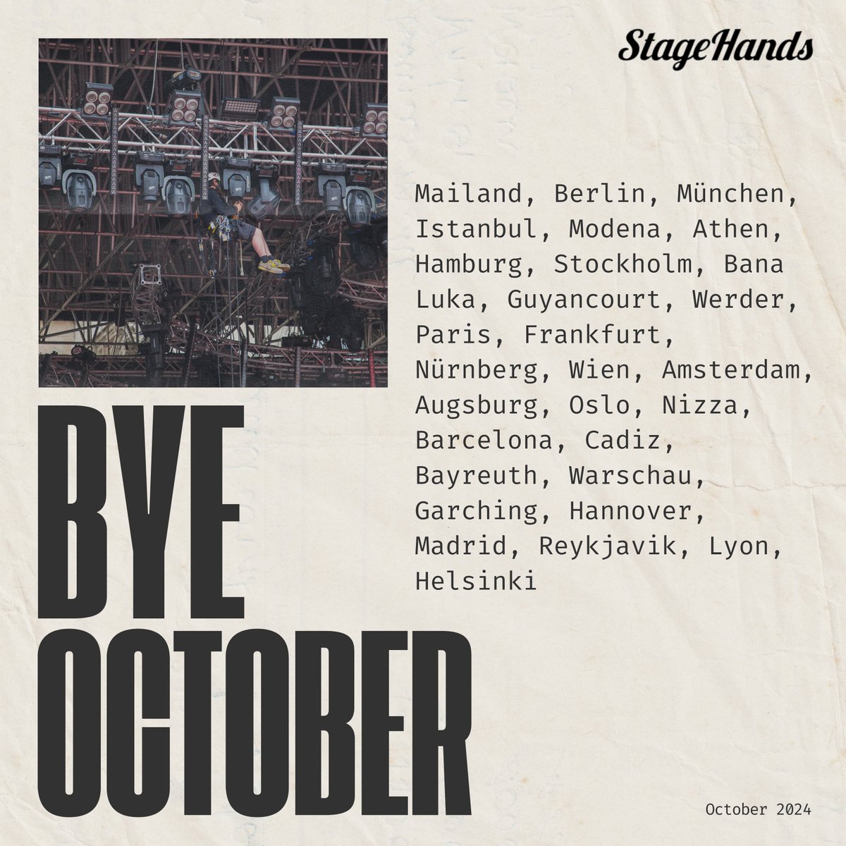 stagehands's tweet photo. Rund um den Kontinent, rund um die Uhr – unser Oktober in Zahlen! 🌐 27 Städte, 1 Monat, unzählige unvergessliche Events – wir &amp; unsere Stagehands rocken Europa mit lokalem Personal! Danke an unser Team &amp; alle, die uns diesen Monat engagiert haben. Wohin geht’s im November? 🚀💼 https://t.co/JzuA2DT8Ve