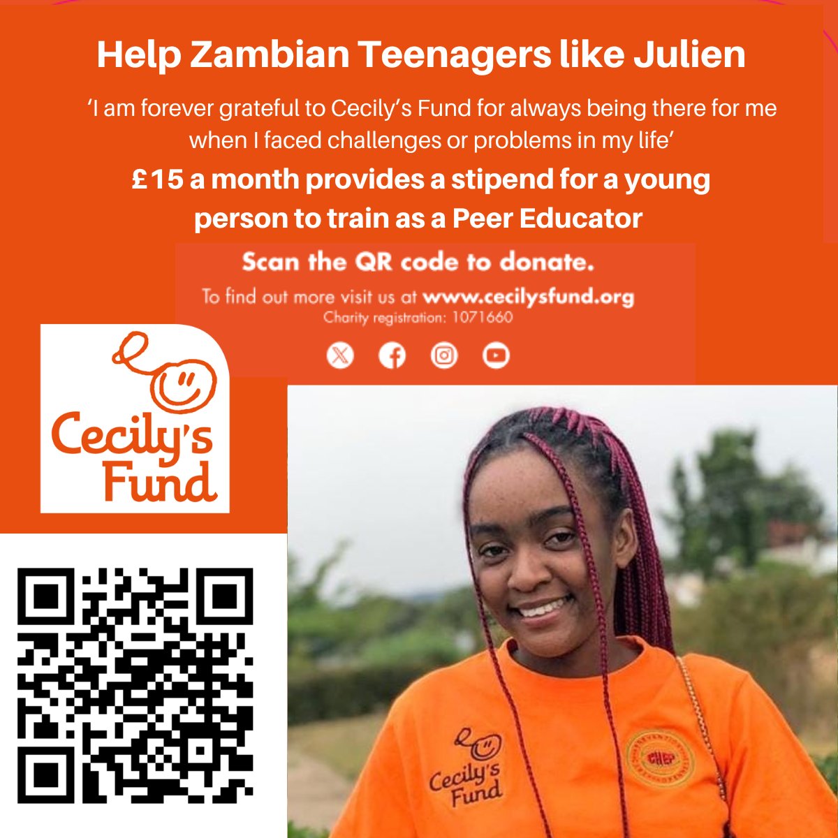 Only £15 per month funds a stipend for a young person to train as a Peer Educator. Please donate today at: cecilysfund.org