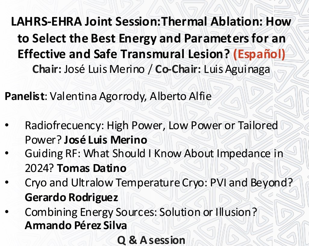 LAHRS (@lahrsonline1) on Twitter photo #LAHRS2024 Scientific Sessions
🗓️November 4 ,🕜14:20 hs
📍Nueva Granada A
LAHRS-EHRA Joint session: Thermal Ablation: How to select the best energy and parameters for an effective and safe transmural lesion?
<a href="/joselmerino/">Jose Luis Merino</a> <a href="/LuisAguinaga9/">LuisAguinaga</a> <a href="/TomasDatino/">@TomasDatino</a> <a href="/gerarod10/">Gerardo Rodriguez</a> <a href="/Aperezsilva77/">Armando Pérez Silva</a> #LAHRS2024 Scientific Sessions
🗓️November 4 ,🕜14:20 hs
📍Nueva Granada A
LAHRS-EHRA Joint session: Thermal Ablation: How to select the best energy and parameters for an effective and safe transmural lesion?
<a href="/joselmerino/">Jose Luis Merino</a> <a href="/LuisAguinaga9/">LuisAguinaga</a> <a href="/TomasDatino/">@TomasDatino</a> <a href="/gerarod10/">Gerardo Rodriguez</a> <a href="/Aperezsilva77/">Armando Pérez Silva</a>