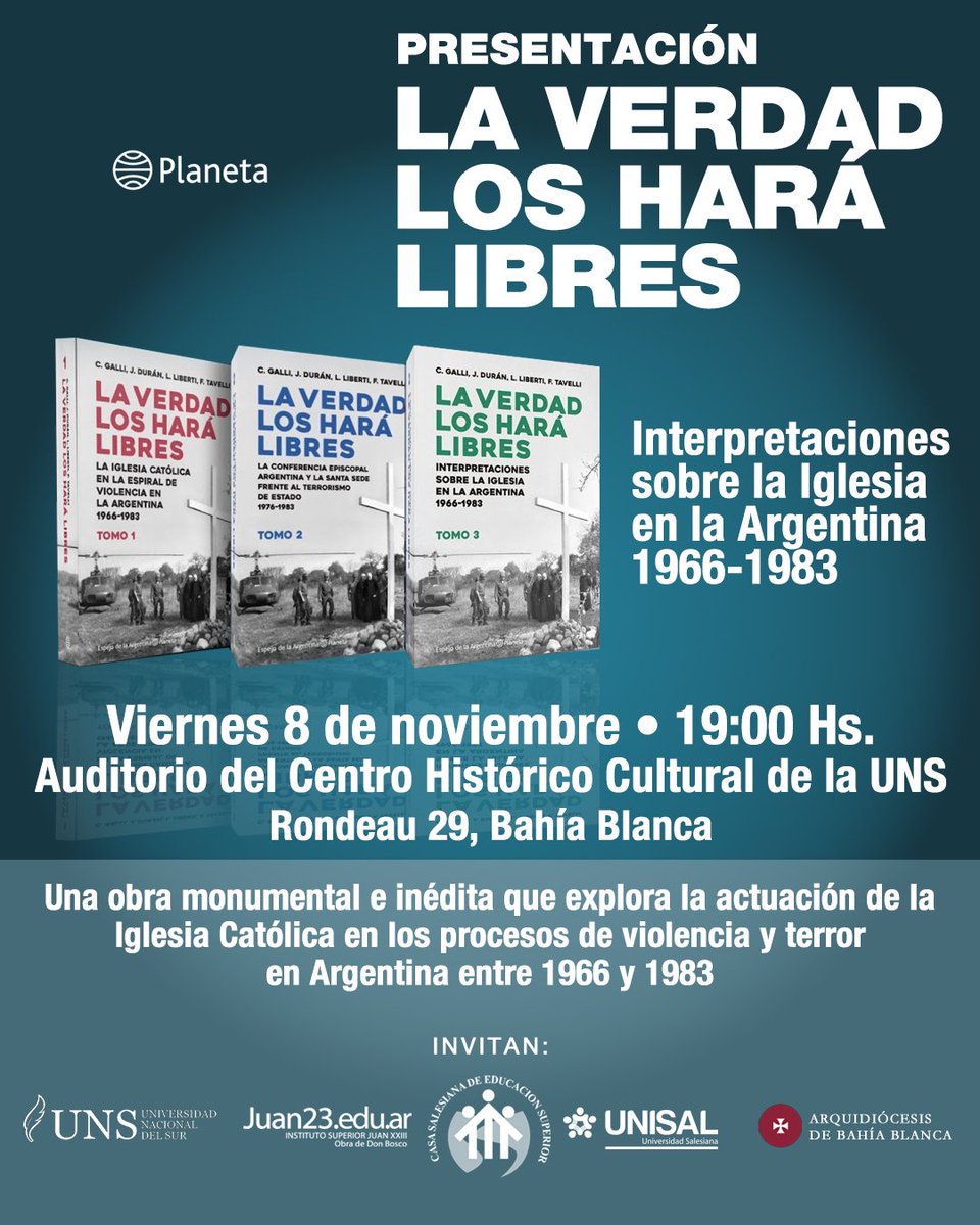 Invitamos a la presentación de la obra: "𝗟𝗔 𝗩𝗘𝗥𝗗𝗔𝗗 𝗟𝗢𝗦 𝗛𝗔𝗥𝗔́ 𝗟𝗜𝗕𝗥𝗘𝗦" 𝗜𝗻𝘁𝗲𝗿𝗽𝗿𝗲𝘁𝗮𝗰𝗶𝗼𝗻𝗲𝘀 𝘀𝗼𝗯𝗿𝗲 𝗹𝗮 𝗜𝗴𝗹𝗲𝘀𝗶𝗮 𝗲𝗻 𝗹𝗮 𝗔𝗿𝗴𝗲𝗻𝘁𝗶𝗻𝗮 𝟭𝟵𝟲𝟲-𝟭𝟵𝟴3, con presencia de los autores.

➡️Viernes 8 / 11
➡️𝟭𝟵:𝟬𝟬
➡️Rondeau 29.⁣
