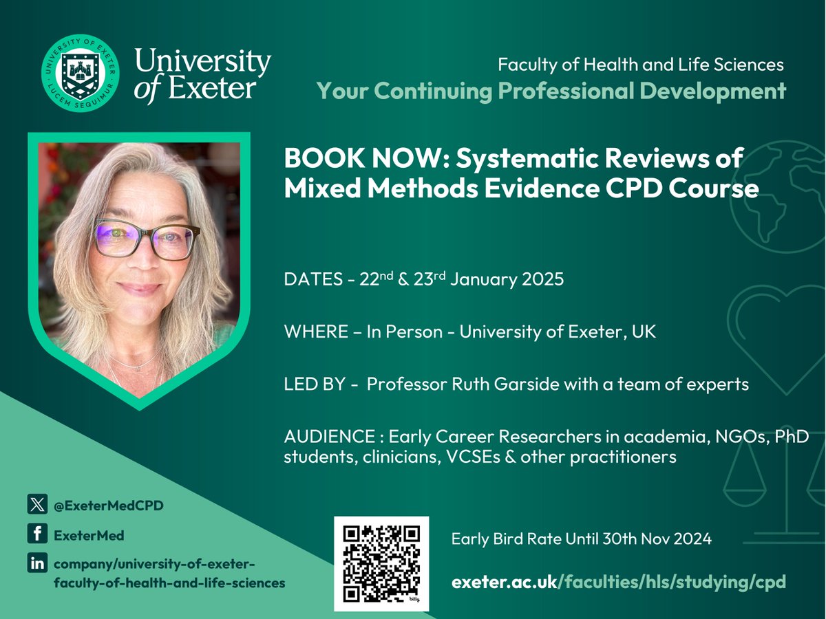 Med CPD @ University of Exeter (@exetermedcpd) on Twitter photo Early🐦rate on our Systematics Reviews in-person course extended to Nov 30th! It's led by experts <a href="/uniofexeter/">University of Exeter</a> who provide training for a range of policy customers including NICE, NHSE, DHSC, WHO, & UN's Green Climate Fund. Join us & learn more!👉 bit.ly/3Fh2Avr Early🐦rate on our Systematics Reviews in-person course extended to Nov 30th! It's led by experts <a href="/uniofexeter/">University of Exeter</a> who provide training for a range of policy customers including NICE, NHSE, DHSC, WHO, & UN's Green Climate Fund. Join us & learn more!👉 bit.ly/3Fh2Avr