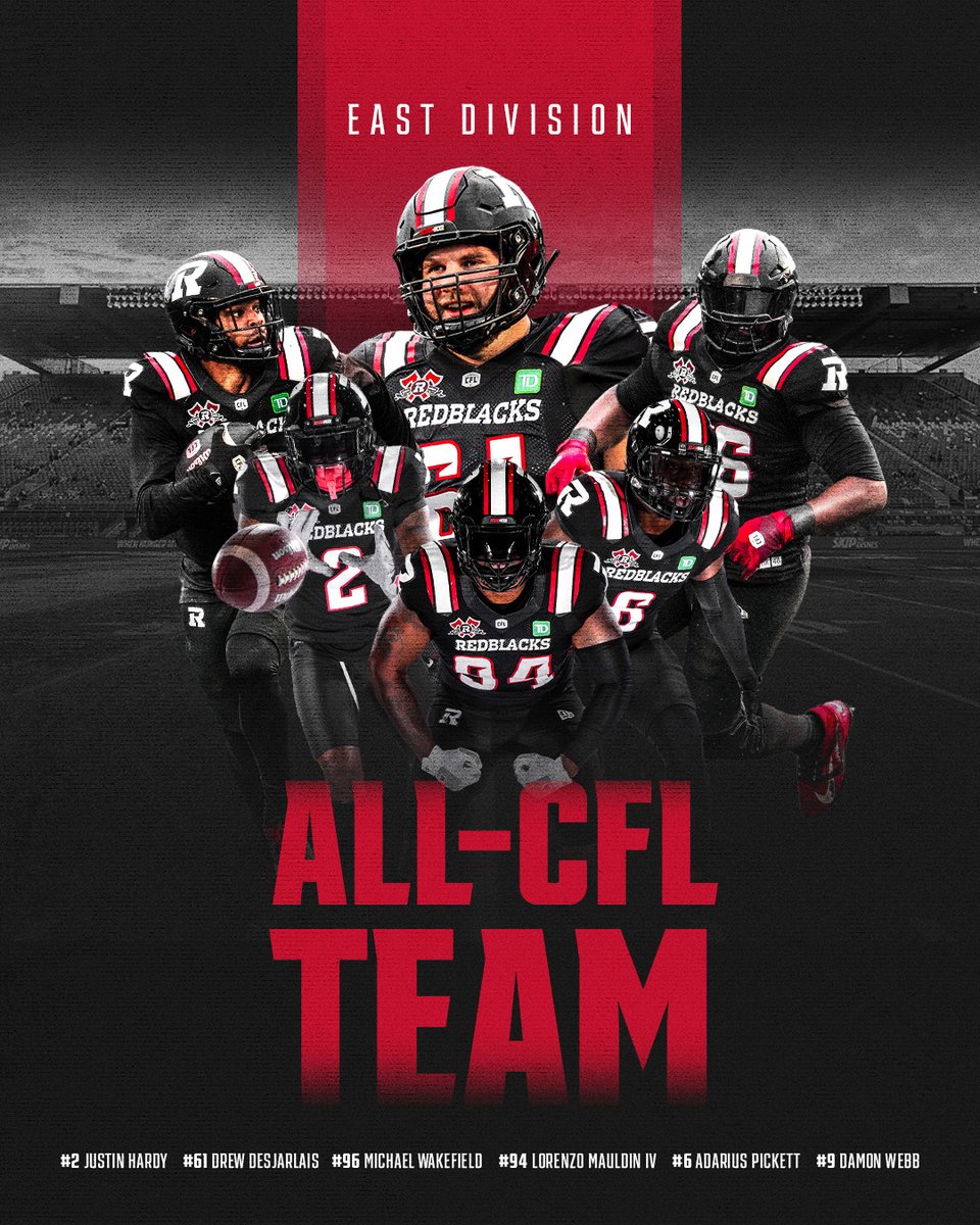 REDBLACKS's tweet photo. THEY DID THE THING‼️

6⃣ REDBLACKS land on the East Division All-@CFL Team.

REC Justin Hardy (@FreakMagic2) 
OL Drew Desjarlais
DL Michael Wakefield (@mikewakey_) 
DL Lorenzo Mauldin IV (@LozoIV) 
DB Adarius Pickett (@Pick6ixPickett) 
DB Damon Webb (@DameWebb) 

#ALLIN | 📝: https://t.co/YookH4YRBU