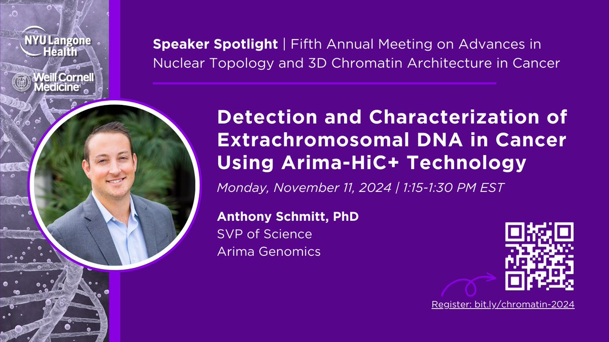 ● Thanks to <a href="/ArimaGenomics/">Arima Genomics</a> for sponsoring #chromatin2024. Don't miss <a href="/_AnthonySchmitt/">Anthony Schmitt</a> short talk on using 3D genomics methods to detect and characterize ecDNA in cancer. In case you haven’t registered 👉 bit.ly/chromatin-2024
