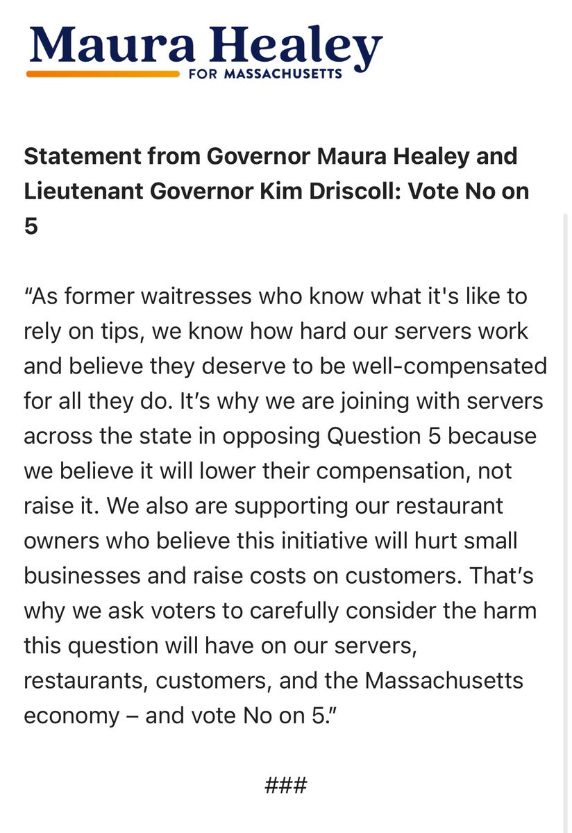 With 6 days to go until the election, Gov. <a href="/maura_healey/">Maura Healey</a> and Lt. Gov. <a href="/KimDriscollMA/">Kim Driscoll</a> are urging voters to vote “no” on Question 5 (would raise the minimum wage for tipped workers &amp; allow employers to pool tips) #mapoli