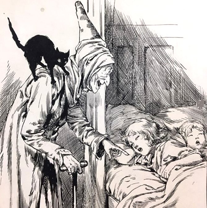 #illustration for  a 1900 edition of 'Hansel and Gretel' show the #witch checking the progress of her candy - fed guests as they sleep. ('Plumping up nicely, my dearies).

#fairytale