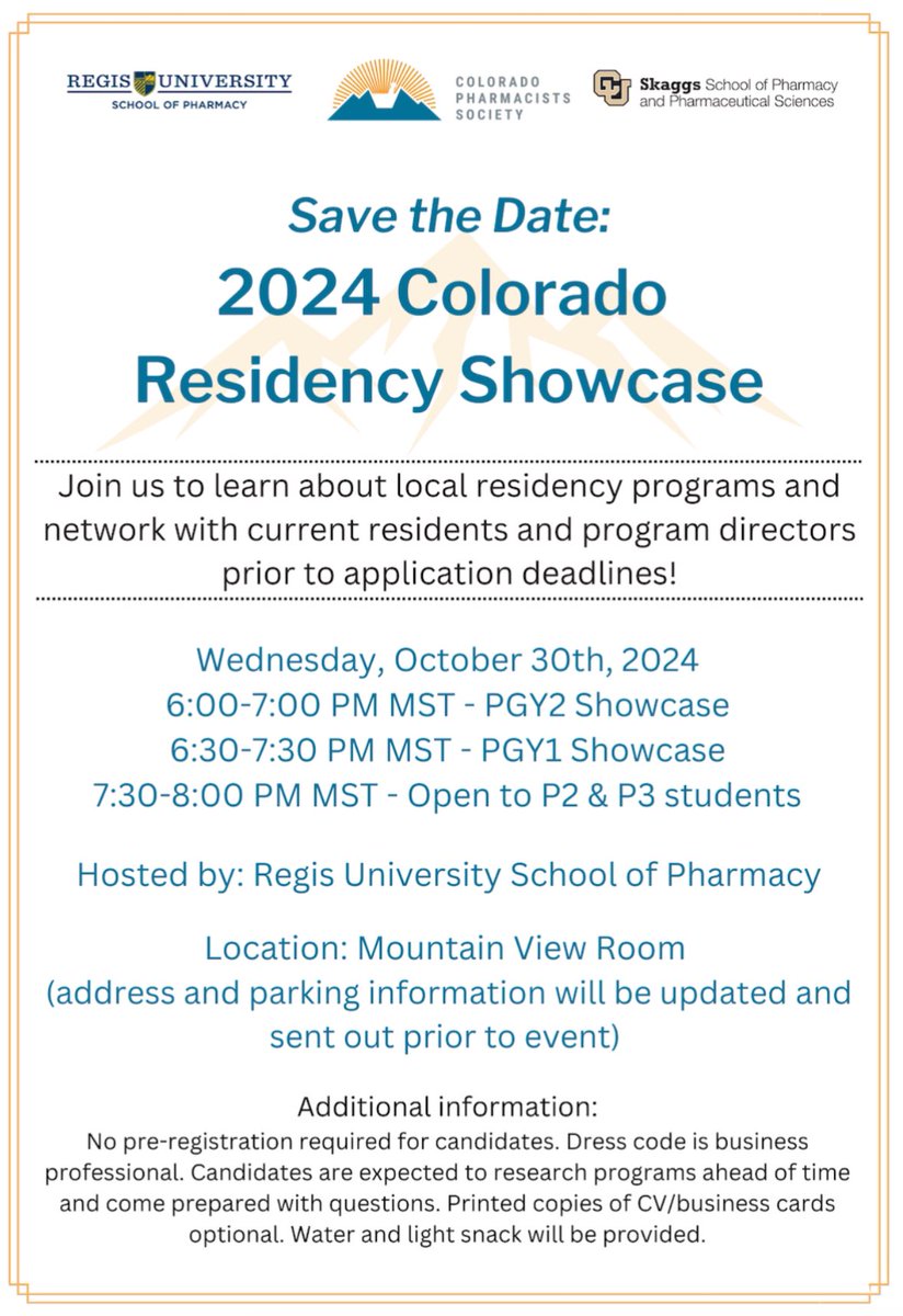 🚨 We are excited about @ColoPharm Colorado Residency Showcase TONIGHT at Regis University in Denver! 📍 Meet us there &amp; learn about our PGY1 &amp; PGY2 programs, connect with residents, and explore how we can help launch your pharmacy career! 🌟 See you from 6-8pm #DenverHealth