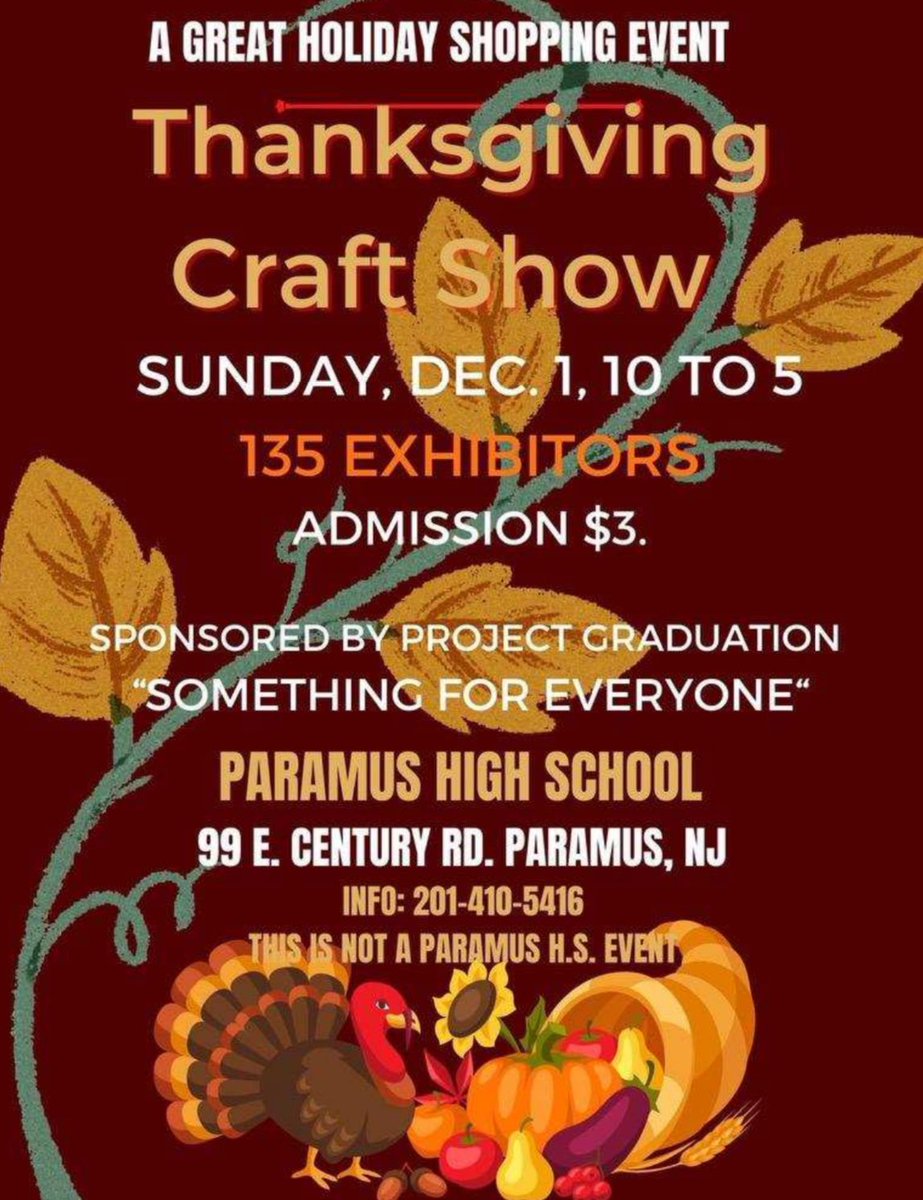 Paramus_Schools's tweet image. The Thanksgiving Craft Show, sponsored by Project Graduation, is being held on Dec. 1 from 10 a.m. to 5 p.m. at PHS! 🦃🧡🍁

#thanksgivingcraftshow #craftshow #projectgraduation