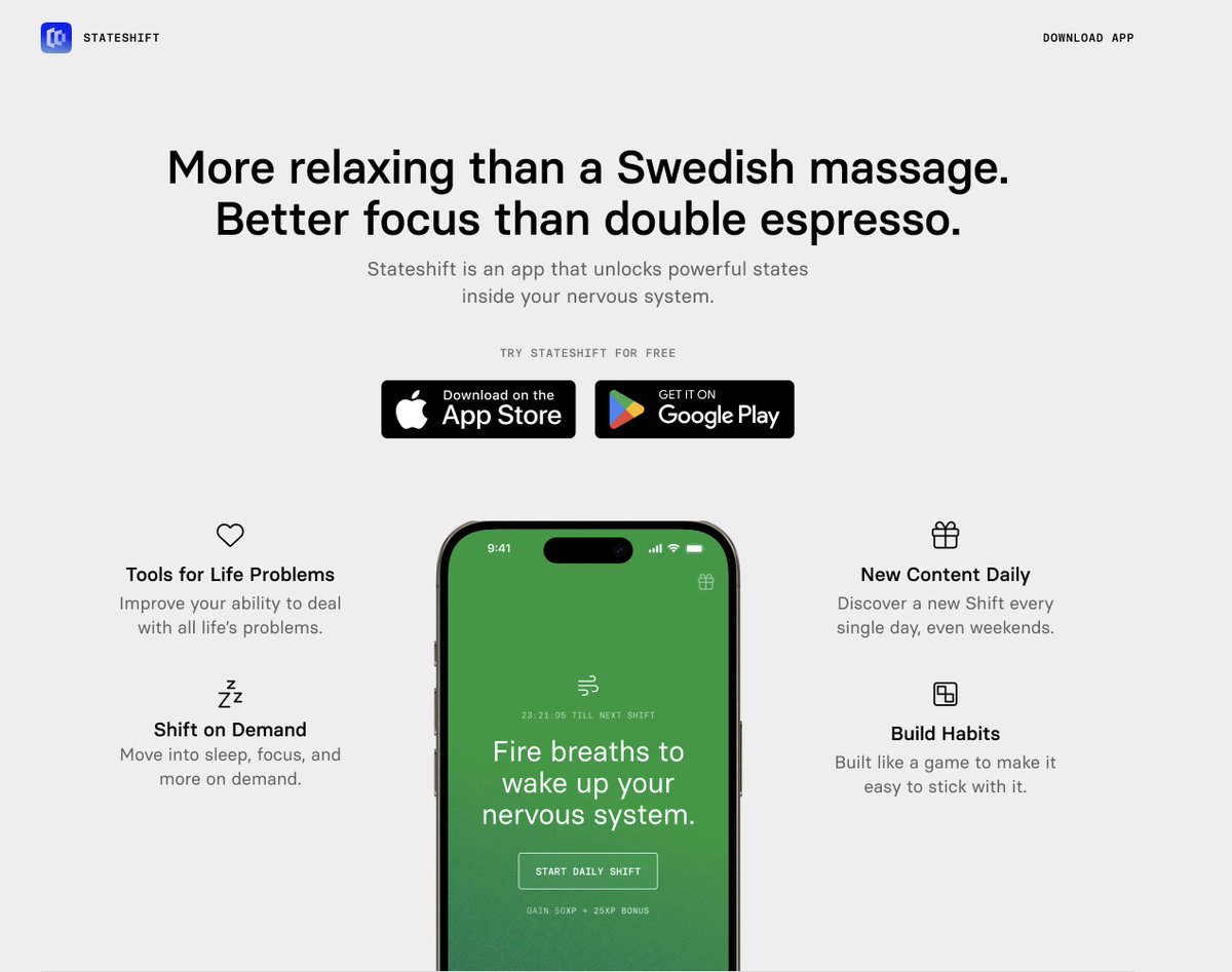 We've gradually begun inviting people to test our new iOS app Stateshift — delivering evidence-backed relaxation practices (customized with AI)

If you're interested in taking the v1 for a spin, reply to this with 🙋‍♂️ &amp; I'll DM you an invite