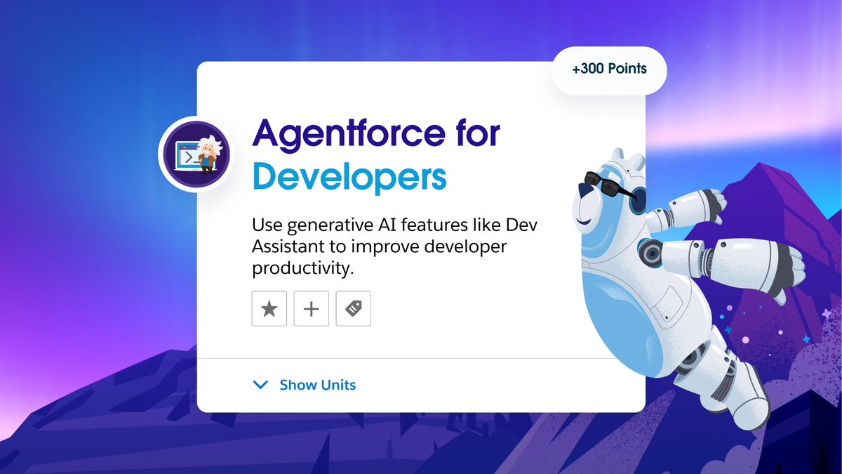 trailhead's tweet photo. This one's for you, @SalesforceDevs! 🧑‍💻 👩‍💻

Explore how Agentforce can increase your productivity with its generative AI tools by streamlining complex coding tasks and generating Apex tests to make your code more efficient.

Start now: https://t.co/mvtHPyqoBW https://t.co/QsDw74HM00