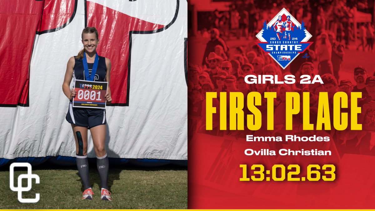Congratulations to Emma Rhodes from Ovilla Christian, your TAPPS 2024 2A Girls Cross Country State Champion!!