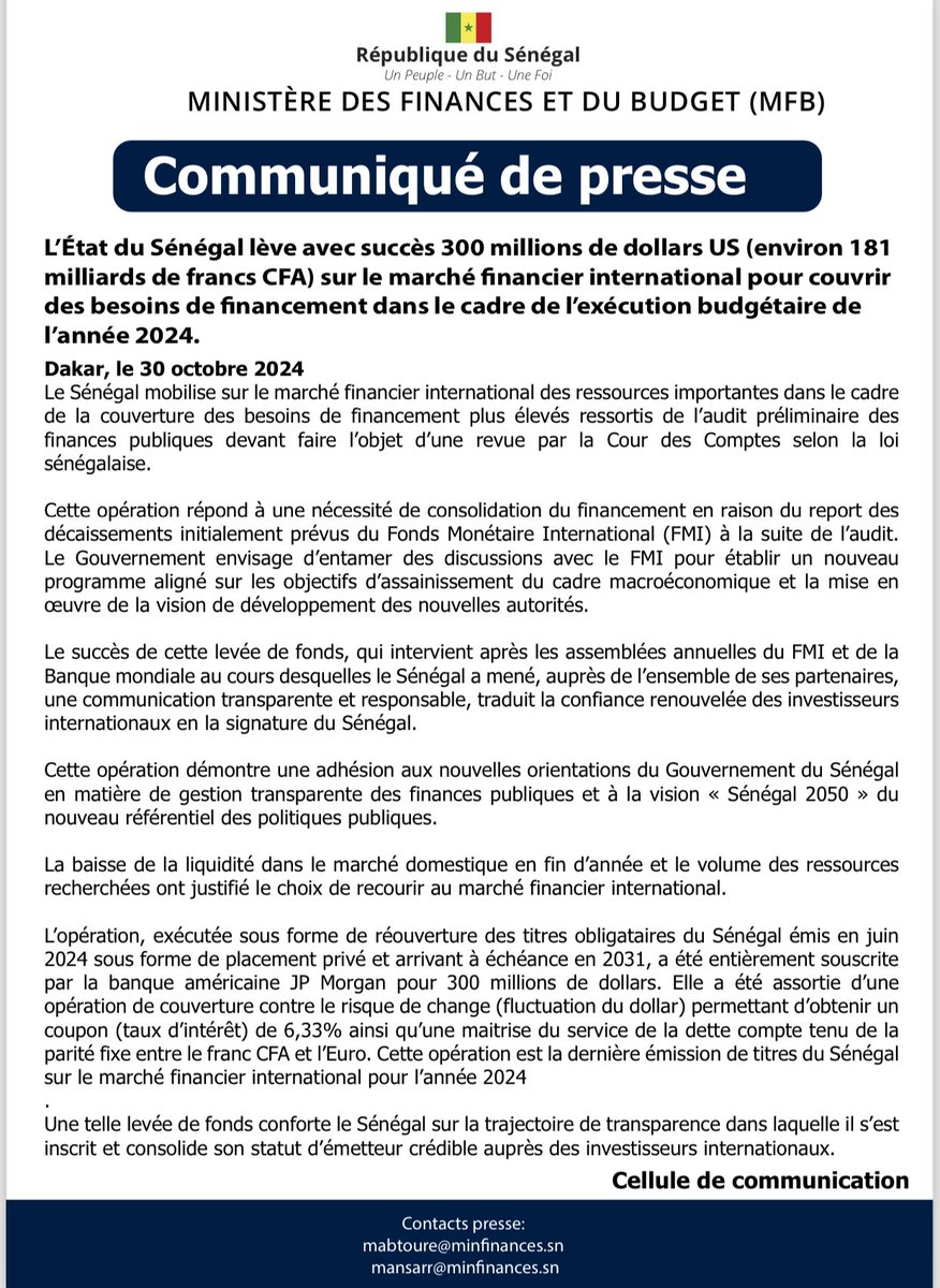 mefp_senegal's tweet photo. Communiqué de presse relatif au levé de fonds de l'Etat du Sénégal sur le marché financier international.
#Sénégal #Finance #Vision2050 #MFB #MinFinSn https://t.co/i5GvmgYDYv