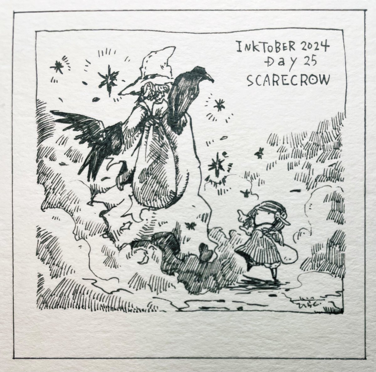 10/25: SCARECROW
すれ違ったその人は幸せそうな顔をしていました。なぜなら彼は自由と友人を得たのだから。
The person I passed looked happy. Because he has the freedom and friends.
#Inktober #inktoberday25 #Pavot
#ペン画