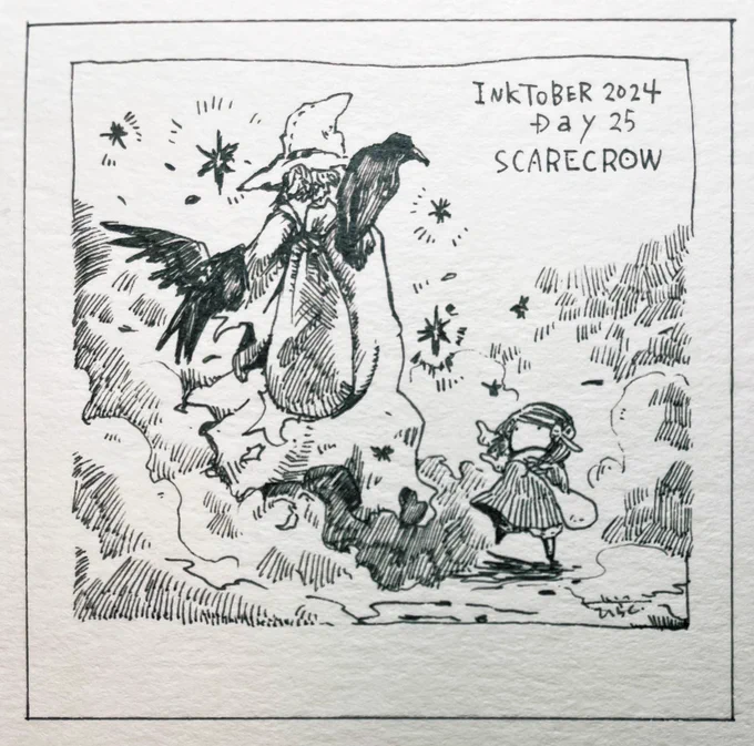 10/25: SCARECROW

すれ違ったその人は幸せそうな顔をしていました。なぜなら彼は自由と友人を得たのだから。

The person I passed looked happy. Because he has the freedom and friends.

 #Inktober  #inktoberday25  #Pavot  
 #ペン画 