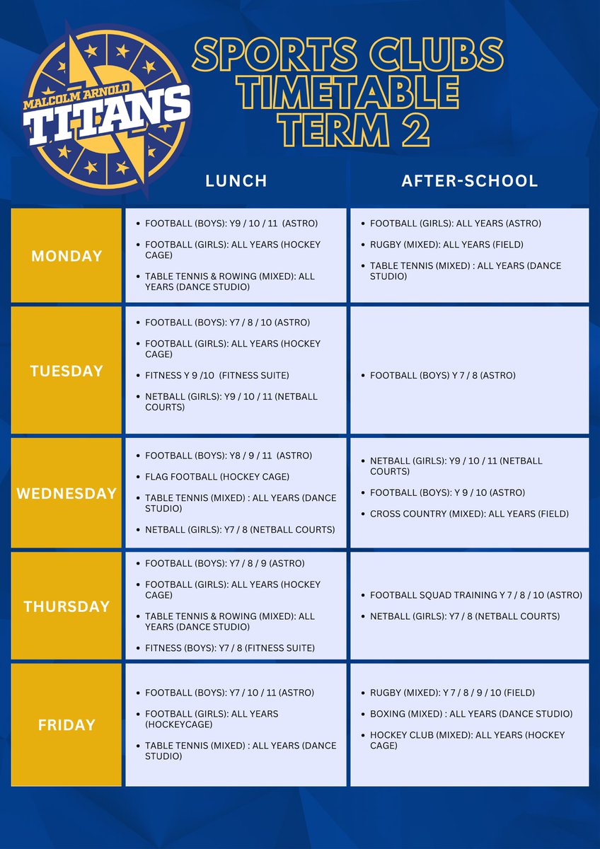 Our New enrichment timetable is out for term 2 with clubs starting on the first Monday back! There are no clubs in the sports hall this term due to exams, but we have added replacements please read to see!!