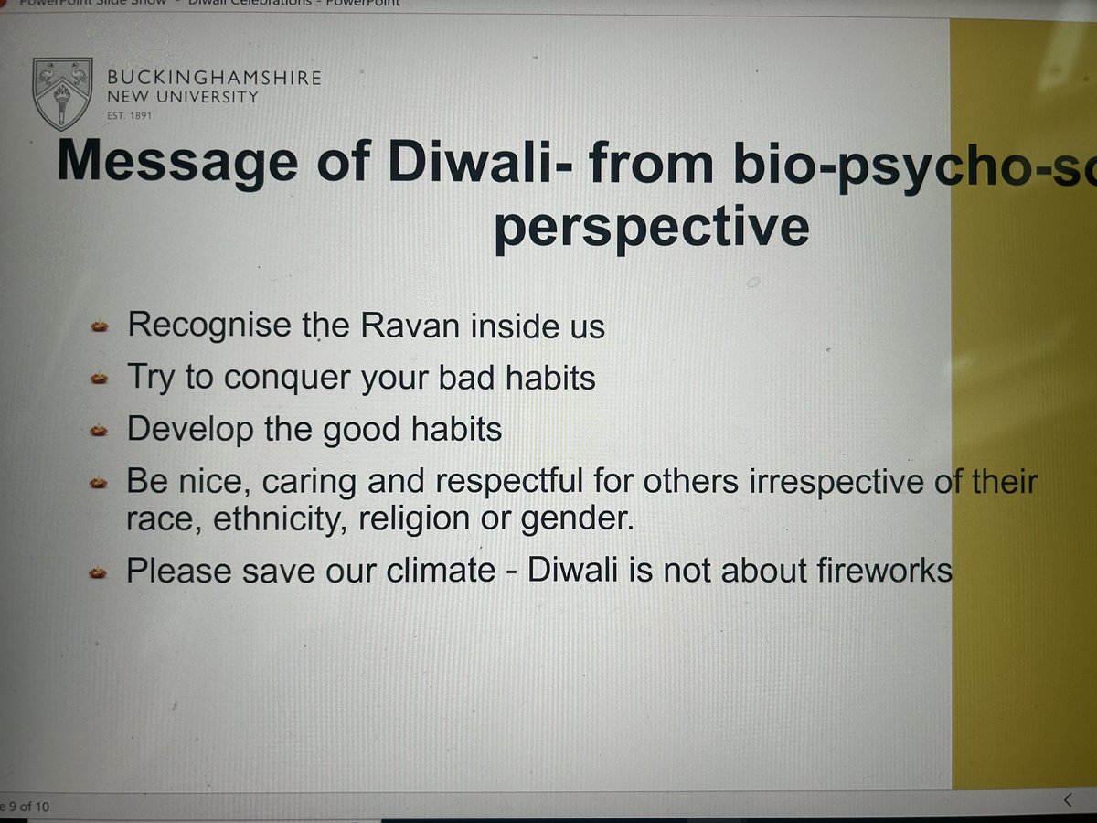 I was invited for an educational talk on celebrations for Diwali by SU and chaplaincy @_BNUni . Wishing everyone good health, wealth, knowledge, peace and prosperity on the occasion of Diwali. 🙏 please look after people, animals and the climate, say No to the fireworks 🙏
