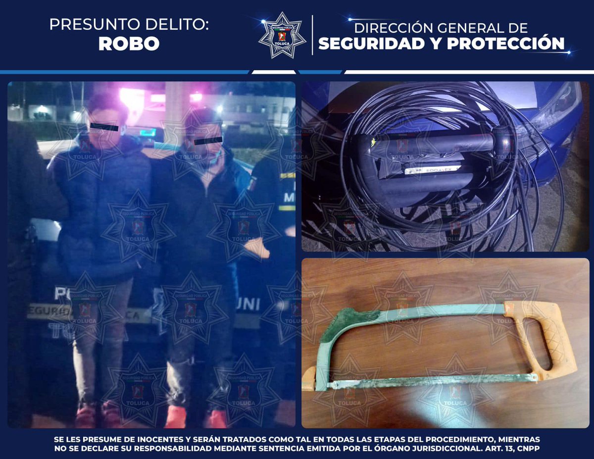 DIRECCIÓN GENERAL SEGURIDAD Y PROTECCIÓN DE TOLUCA (@seguridadtol) on Twitter photo Derivado de los patrullajes permanentes de seguridad, elementos de la #PolicíaMunicipal detuvieron a Carlos Issac “N” y Gustavo “N” quienes presuntamente se encontraban cortando y robando cable telefónico en calles de la Delegación Capultitlán. Derivado de los patrullajes permanentes de seguridad, elementos de la #PolicíaMunicipal detuvieron a Carlos Issac “N” y Gustavo “N” quienes presuntamente se encontraban cortando y robando cable telefónico en calles de la Delegación Capultitlán.
