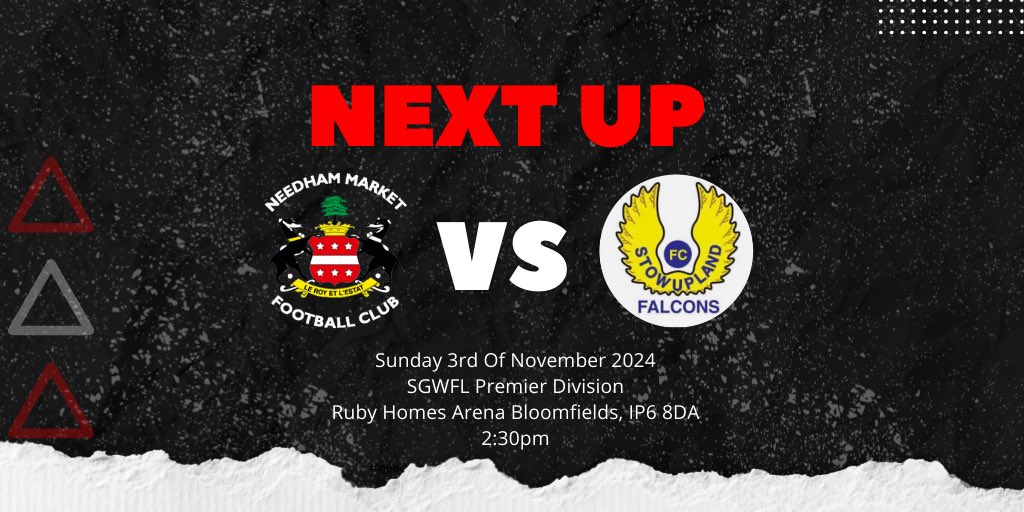 NMFCWomen's tweet image. DEVS HOST STOWUPLAND 🔴⚽️

📆   Sunday 3rd Of October 2024

🆚   Stowupland Falcons

🏟   Ruby Homes Arena Bloomfields, IP6 8DA

⏱   2:30pm  

🏆   SGWFL Premier Division 

#NMFCWomen