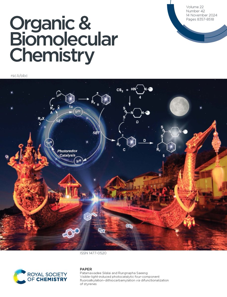 OrgBiomolChem's tweet photo. Don't miss recent research by @RSaeeng &amp; co on visible-light-induced photocatalytic four-component fluoroalkylation–dithiocarbamylation via difunctionalization of styrenes, as featured on our inside front cover👀⬇

https://t.co/K4Buuy5yfF

📍 @burapha__ https://t.co/bpLJaQc9Kk