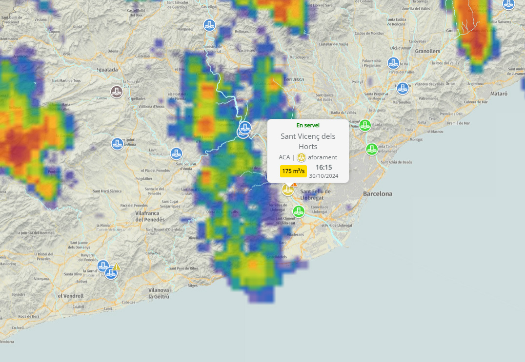 El cabal del riu #Llobregat entre Sant Vicenç del Horts i la seva desembocadura és superior a l’habitual (ara és de 175 m3/s, quan abans de les pluges era de 8 m3/s).

#Precaució perquè es poden veure afectats punts baixos, guals i creuaments de la llera.