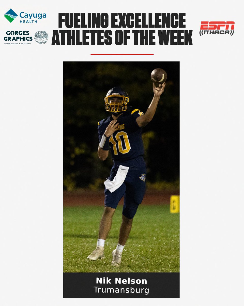 Our Fueling Excellence Athletes of the Week continue to excel in the regular season and postseason!

Marathon's Catherine Newkirk came up big for field hockey in sectionals, and Trumansburg's Nik Nelson had a field day under center vs. Groton.

Interviews: espnithaca.com/podcenter