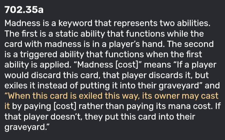 R0b0am's tweet photo. @Hanmac10 @magnusmagicus @Dunkatog @WotC_Matt @maro @maro254 @Hanmac10 @magnusmagicus Madness already triggered, and the trigger gives you permission to cast the card, so you can cast either face. https://t.co/prUfSNin1S