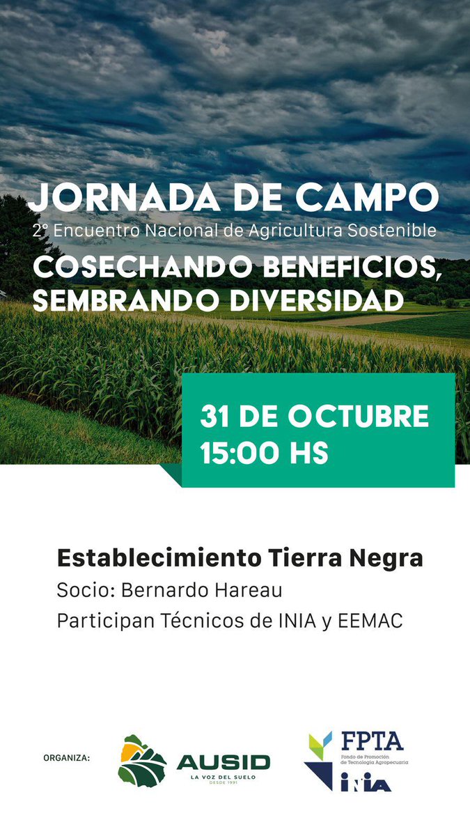 T_Sostenibles's tweet photo. Mañana 31 de octubre las 15:00 > Jornada de campo del 2do Encuentro e Agricultura Sostenible @ausid_uy.
Productor socio👨🏼🌾: Bernardo Hareau.
Participan técnicos de @INIA_UY y @FagroUdelar
Actividad gratuita en marco del #FPTA Cultivos de Servicio. https://t.co/5n5jEtQwkB https://t.co/C9cJmo3dXu