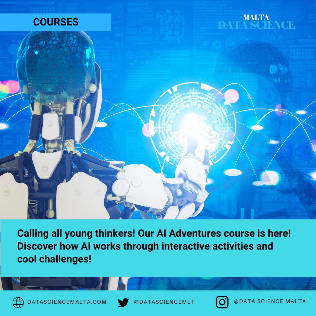 DataScienceMlt's tweet image. 🎉 Calling all young thinkers! Our AI Adventures course is here! 🌈 Discover how AI works through interactive activities and cool challenges! 🌟 Ready to be the next AI genius? #ArtificialIntelligence #KidsCoding #STEMLearning
